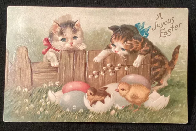 Vintage Embossed Cats Kittens Easter Postcard Baby Chicks Pussywillow