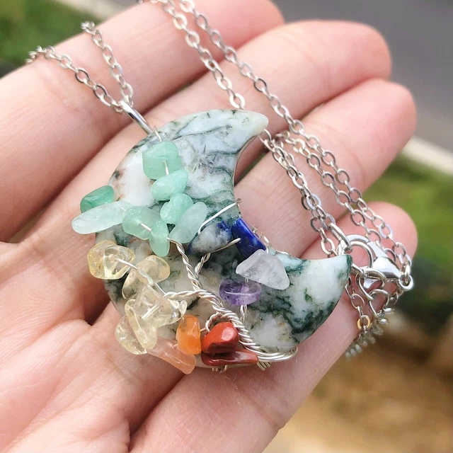 Green Jasper Gem Stone Tree Of Life Moon Necklace Chakra Reiki Healing Amulet