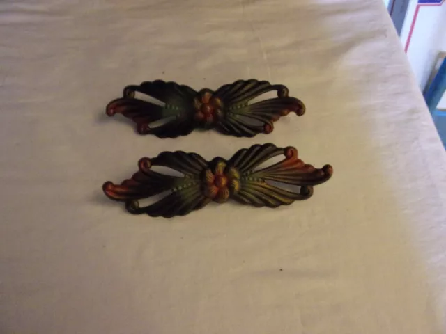 Matching Pair of 2 Antique Metal Curtain Tie Backs Floral Gold Red & Green