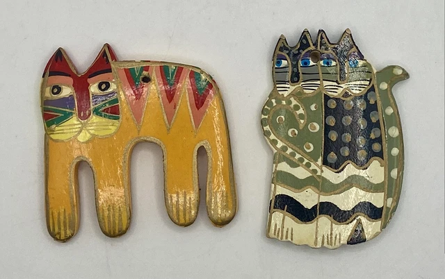 Vtg Laurel Burch Hand Painted Wood Cat Pendants, Set Of 2, Rare,Charms,Ornaments