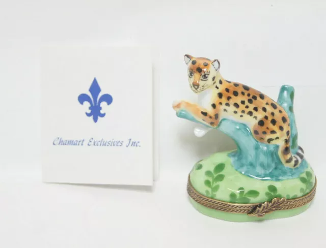 Chamart Limoges France Porcelain Cheetah in Tree Trinket Box Signed Decor Main