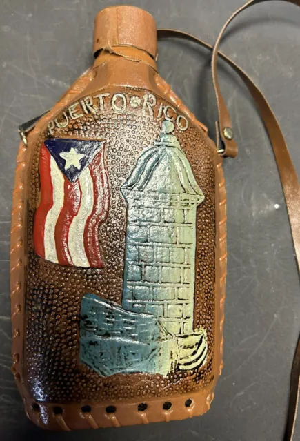 Puerto Rico Decanter Canteen / Flask Hand Tooled Leather Covered Glass Bottle
