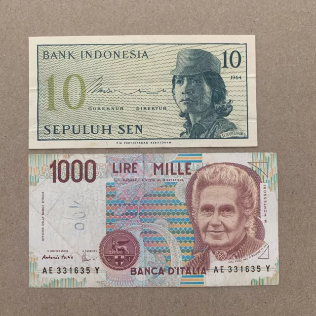 2 Pcs Italian and Indonesia Currency Lot. World Foreign Paper Money Banknote