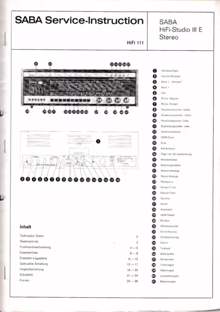 Service Manuel D'Instructions pour Saba Hifi Studio III E Stéréo