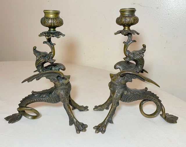 pair of antique 1800's dragon griffin ornate bronze candlesticks candle holders pair of antique 1800's dragon griffin ornate bronze candlesticks candle holders