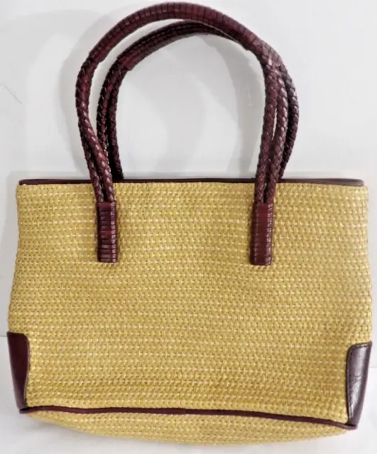Etienne Aigner Natural Linen Leather Trim Handbag Purse Basket Weave Satchel