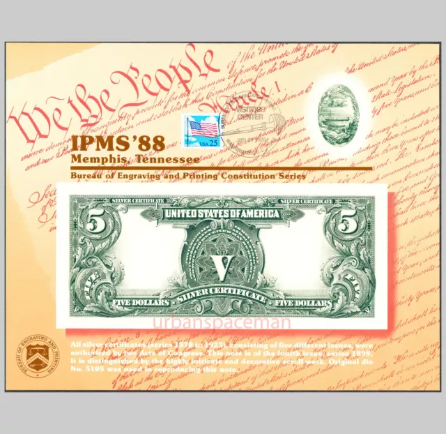 B115 IPMS '88 BEP Souvenir Card $5 Silver Certificate 1899 (back) Visitors Ctr C