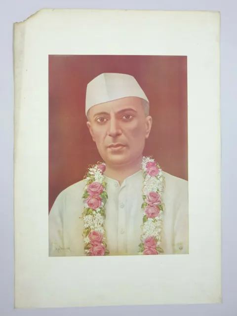 India Vintage 40's Stampa Nehru Con Ghirlanda Manzoor 14in x 2