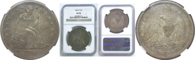 1860-O $1 Seated Liberty Dollar NGC AU-58