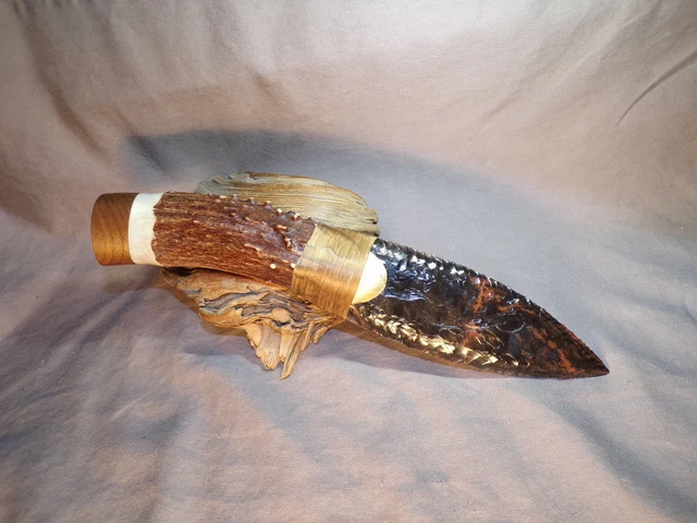 Large Red and Black Obsidian Paleo Knife  Deer Antler & Walnut End Cap Handle