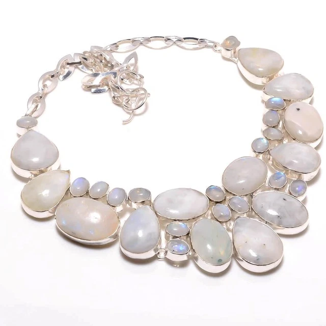 Natural Rainbow Moonstone Gemstone 925 Sterling Silver Chain Necklace For Women