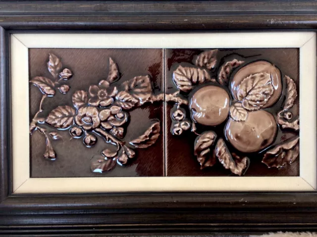 Antique United States Encaustic Tile Panel Peach Design Framed High Relief
