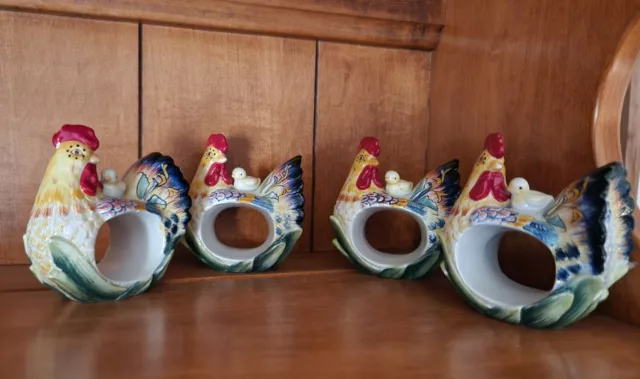 4 Fitz and Floyd Napkin Rings Ceramic Chickens With Baby Chick