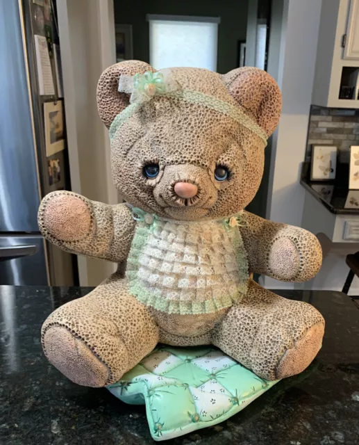 Ceramic Teddy Bear On Blanket Piggy Bank Hand Painted USA Vintage
