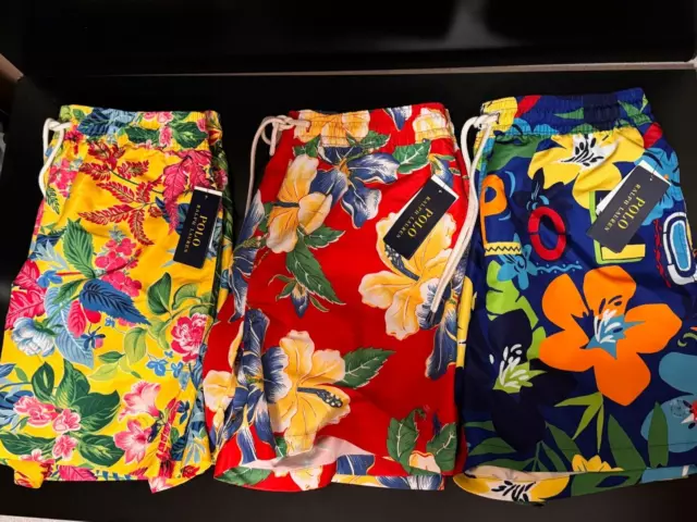 NEW Polo Ralph Lauren Mens Floral Hawaiian Swim Trunks Red / Blue / Yellow