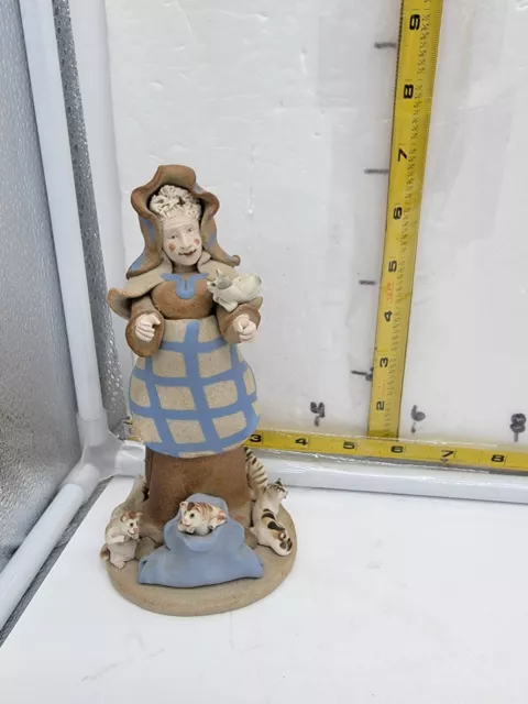 Signed Handcrafted Art Pottery Figurine Woman With Cats