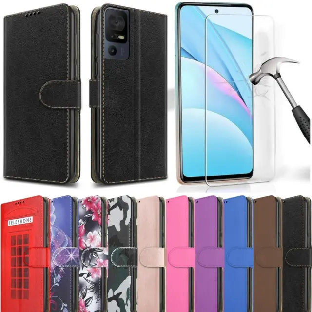 For TCL 305 306 403 405 40 SE 40R Case Leather Wallet Phone Cover + Screen Glass