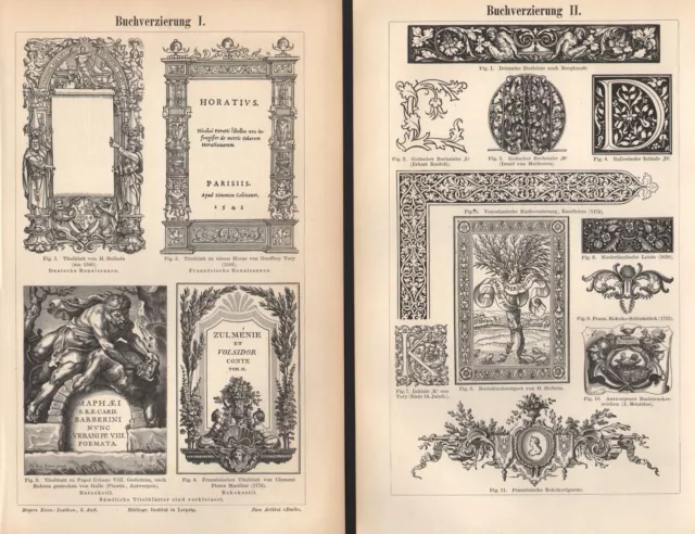 BUCHVERZIERUNG I u.II Bucheinband Niederländische Leiste Holzstich v.1893