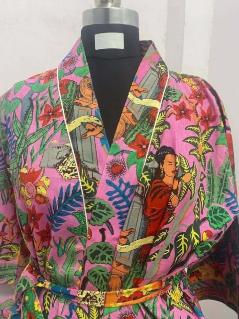 Frida Kahlo Printed Women's Indian Nightwear Robe Cotton long Kimono Gown