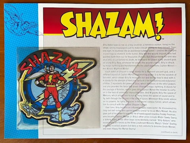 SHAZAM PATCH on INFO CARD ~ from Willabee & Ward ~ DC COMICS PATCH COLLECTION