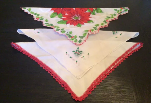 Vintage Handkerchief Christmas Women’s Holiday Embroidered Crocheted Set of 3