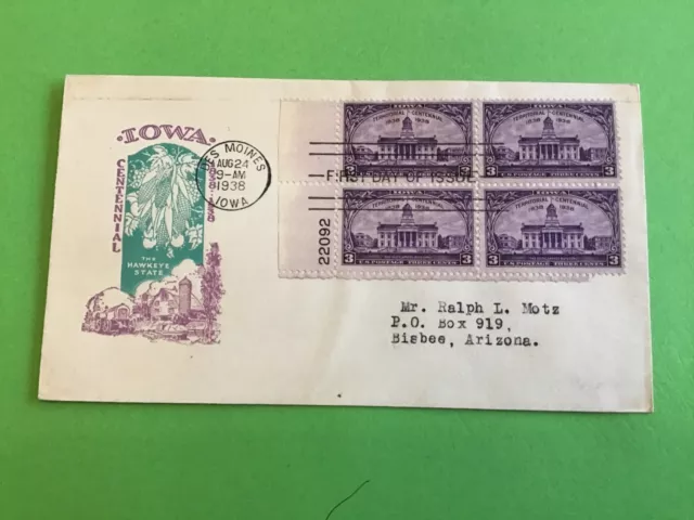 U.S. 1938 Des Moines Iowa Centennial  FDI  Block of Four Stamps Cover R42492