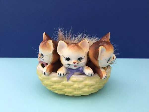 VINTAGE ANTIQUE THREE LITTLE KITTENS ORNAMENT  Real Fur Tails  Cat in Basket