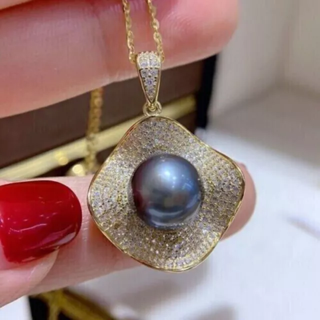 Gorgeous AAAA 10-11mm Natural South Sea Black Round Pearl Pendant Necklace 14KGP