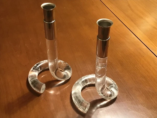 Mid Century Modern pair Lucite twist candlesticks holder AS IS see pic