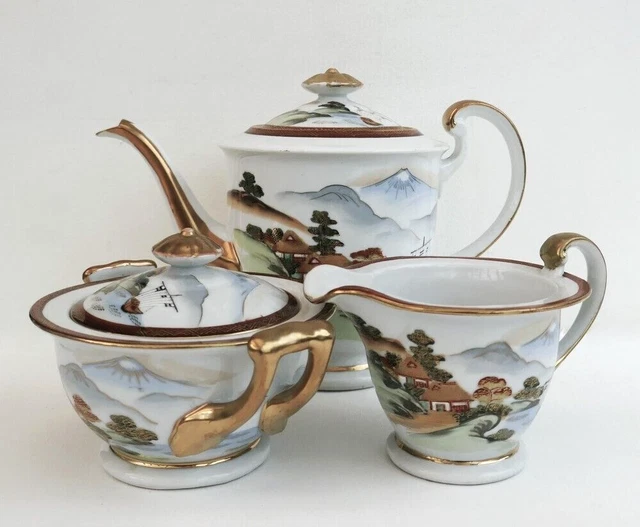 VINTAGE HANDPAINTED GILDED Japanese Teaset Teapot Milk Jug Sugar Bowl