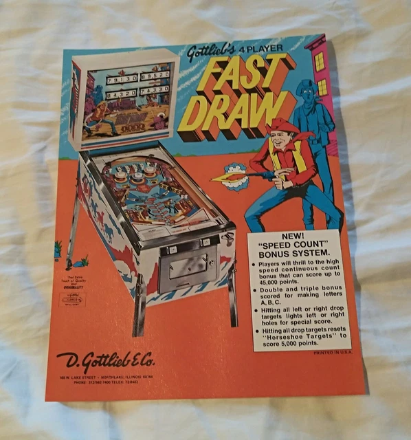 GOTTLIEB'S FAST DRAW Pinball Machine Advertising Flyer Vintage Rare