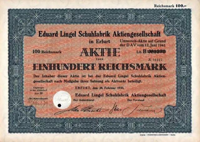 Eduard Lingel Schuhfabrik Aktiengesellschaft in Erfurt 1933 100 RM