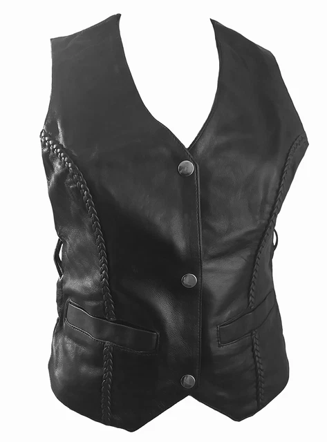 Gilet in pelle gilet in pelle donna biker moto nero bottoni a pressione 40 merce di seconda scelta
