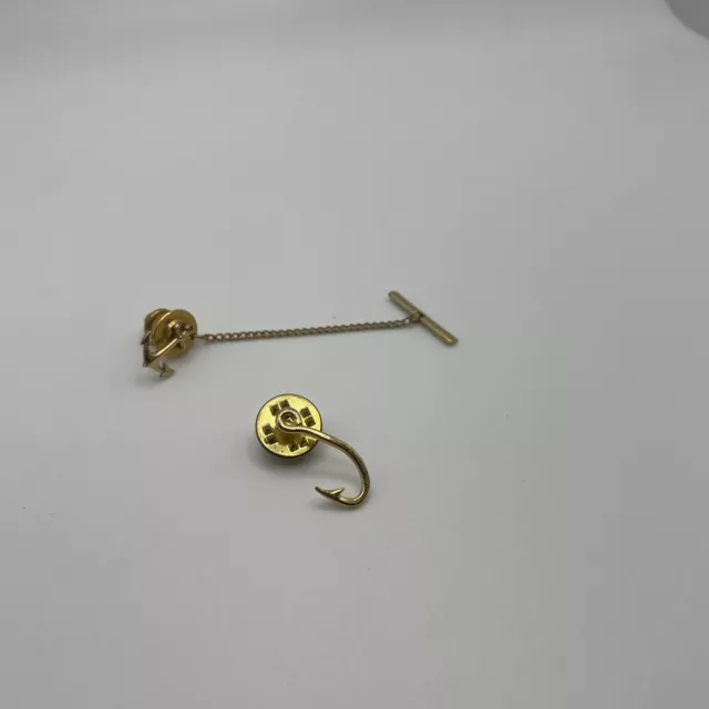 Lot Of 2 Pcs -Tie Tack Pin With Chain Gold Tone Boat Anchor / Tack Pin Fish Hook