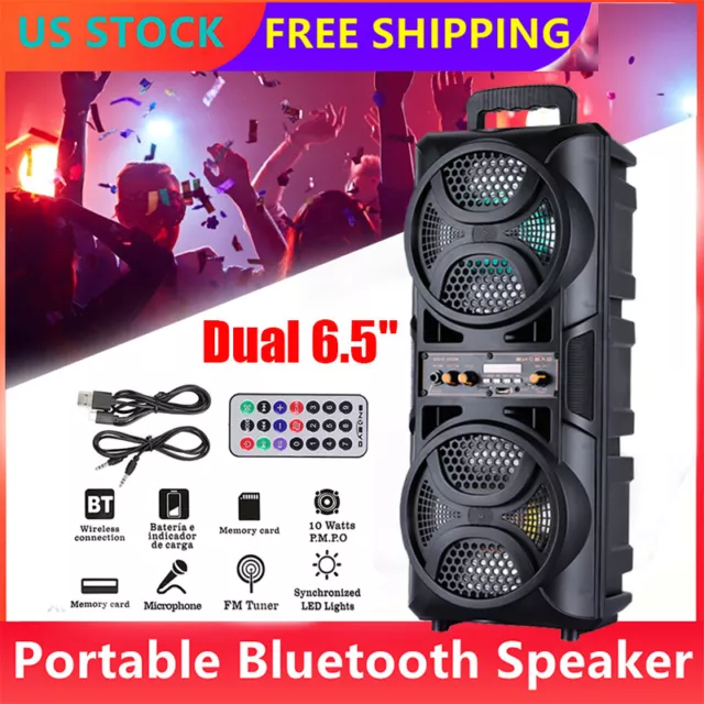 Dual 6.5"Subwoofer Portable Wireless Bluetooth Speaker Party Loud Speaker AUX FM