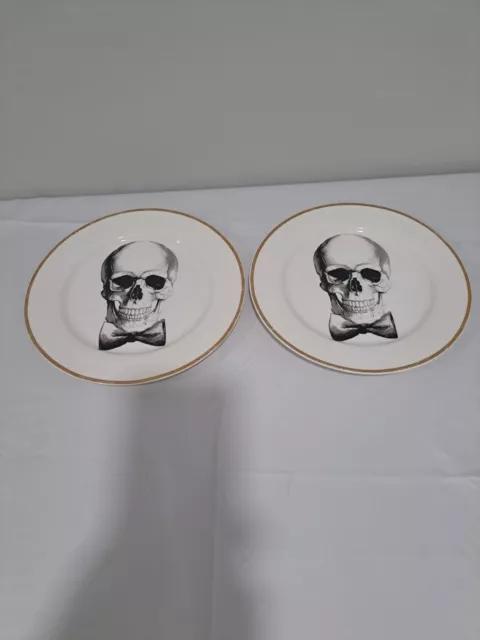 CIROA WICKED HALLOWEEN HUMAN SKULL w/ BOW TIE 8" SALAD PLATES SET OF 2 READ