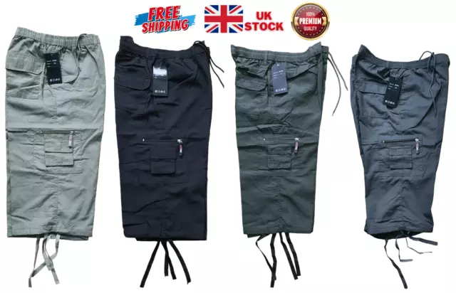 Men's 3/4 Shorts Elasticated Waist Long Length Cargo Combat Three Quarter Pants
