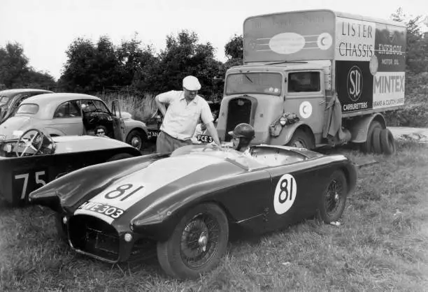 Lister Bristol with Archie Scott Brown and Brian Lister in paddock - Old Photo