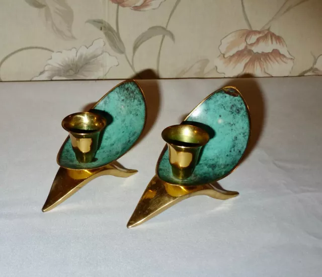Pair Vintage Oppenheim Modernist Enameled Brass Candle Holders Judaica Israel