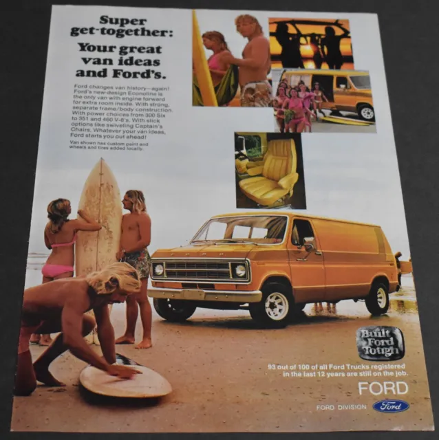 1976 Print Ad Built Ford Tough Van Ladies Bikini Blonde Art Surfboard Sexy Beach