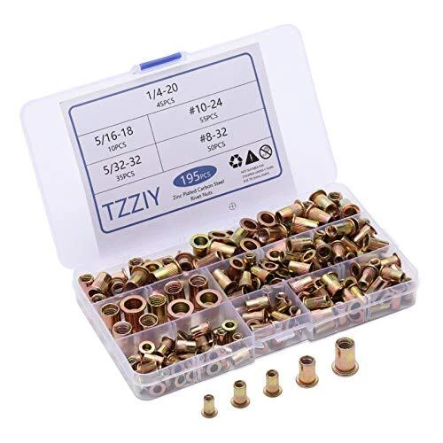 Rivet Nuts195Pcs UNC Zinc Plated Carbon Steel Flat Head RivnutThreaded Inserts