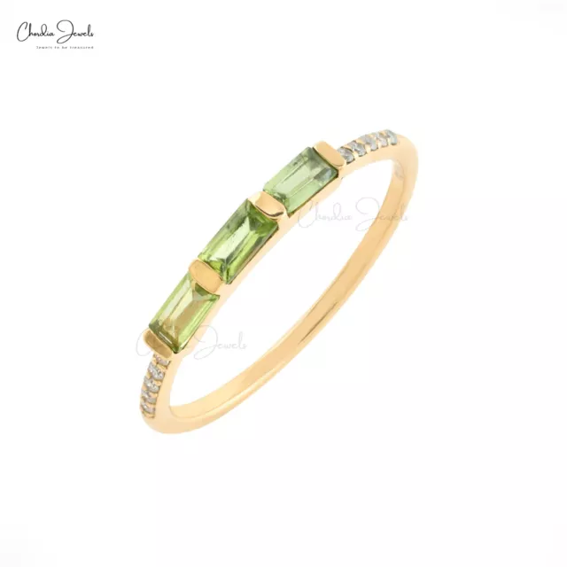 Genuine Peridot 3 Stone Dainty Ring 14k Yellow Gold Diamond Engagement Gift Ring