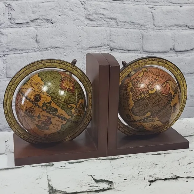 Vintage Globe Wood Bookends Old World Map Rotating Spinning Handcrafted in Italy