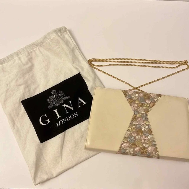 Gina of London Leather Cream Floral Clutch with Gold Strap
