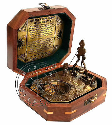 Maritime Vintage Brass Pendulum Sundial Antique Gilbert Compass With Wooden Box