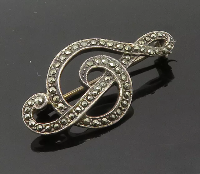 925 Sterling Silver - Vintage Marcasite Treble Clef Music Brooch Pin - BP8133