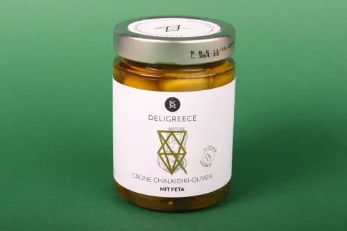 Deligreece Grüne Chalkidiki-Oliven mit Feta 320 g Griechische Köstlichkeiten