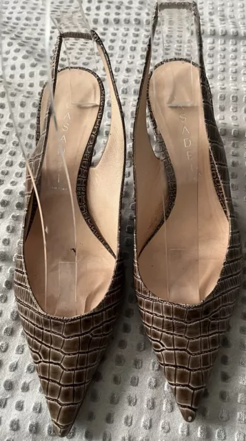 CASADEI Brown Embossed Leather Slingback Kitten Heel Pumps Size 8