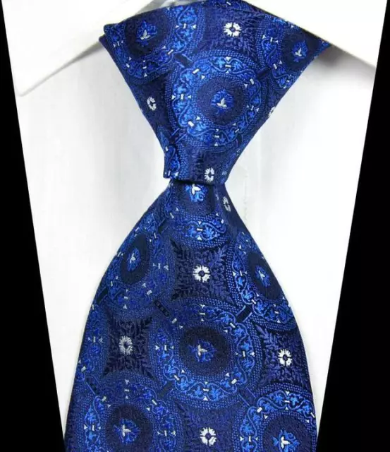 Hot! Classic Pattern Blue White JACQUARD WOVEN 100% Silk Men's Tie Necktie