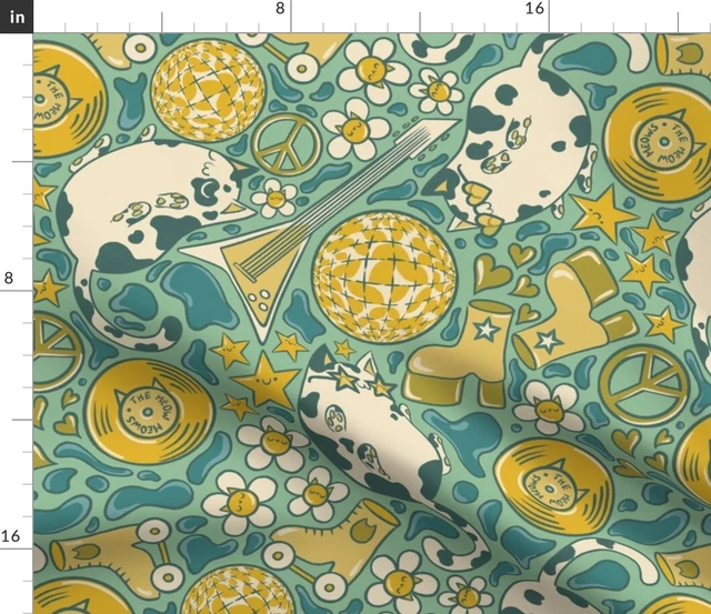 70S Cats Big Green Retro Cat Kitten 60S Peace Spoonflower Fabric by the Yard